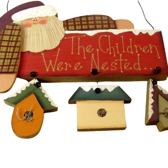 Folk Art Hand Painted Wall Sign The Children Were Nestled Wired Hanger - Picture 1 of 4